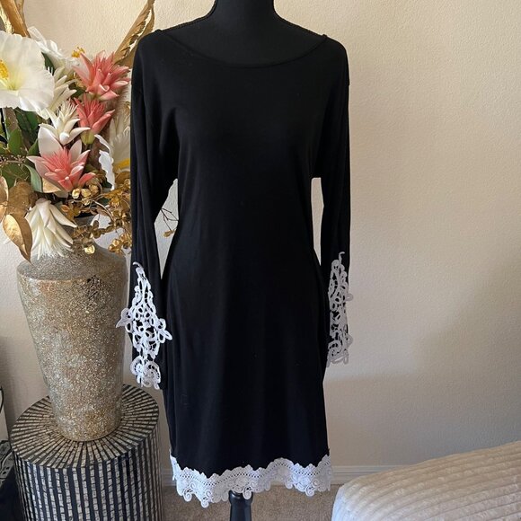 Berryou Dresses & Skirts - Whimsygoth Black Flowy Midi Dress With White Lace Hem & Lace Sleeve Details 2XL